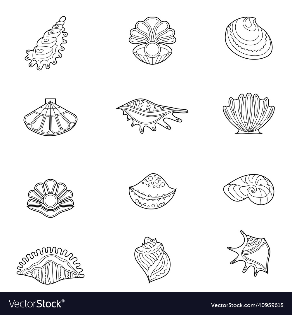 Set with different sea shells contour linear vector image Set with different sea shells contour linear