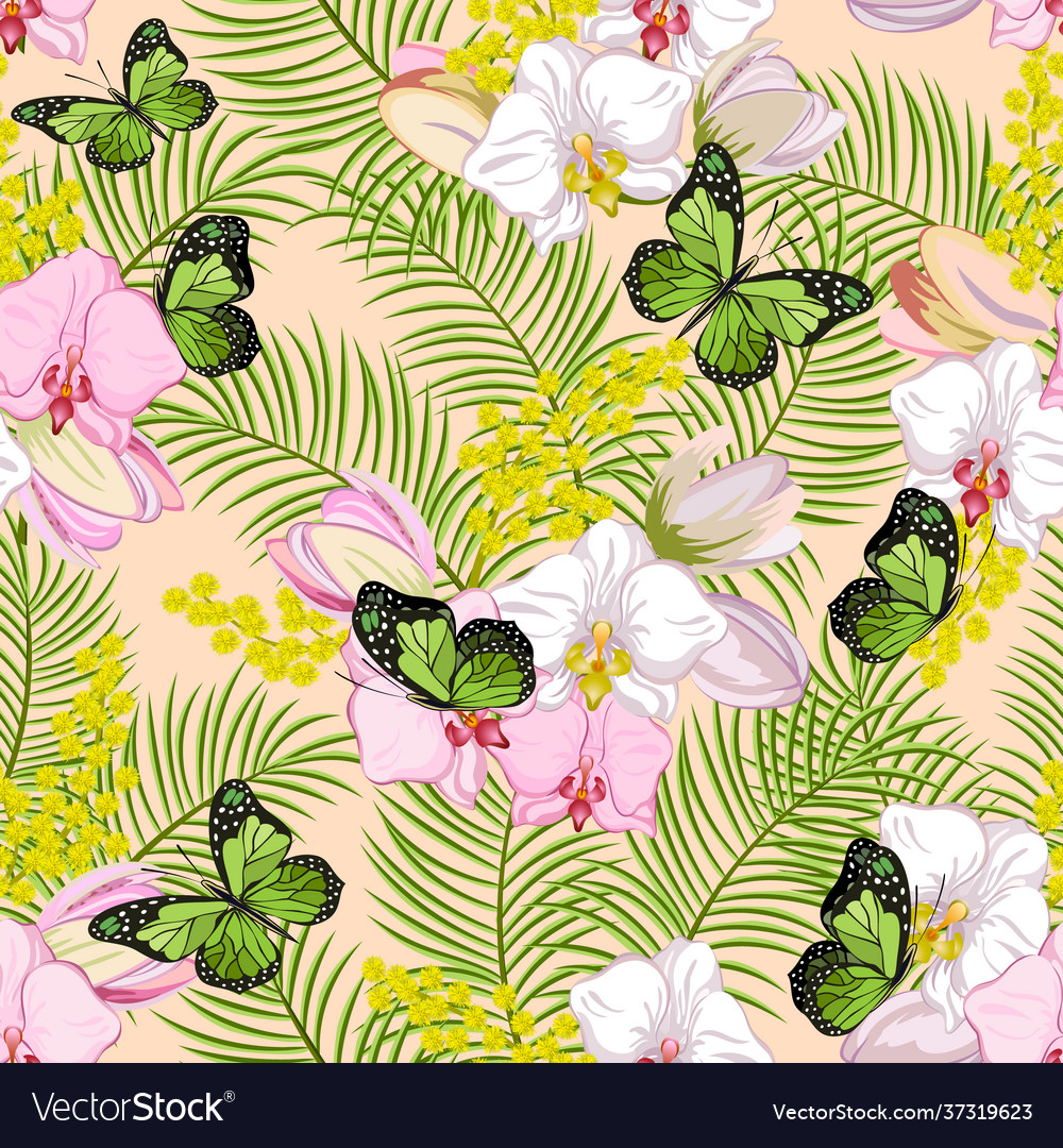 Pattern with orchids and leaves vector image Pattern with orchids and leaves