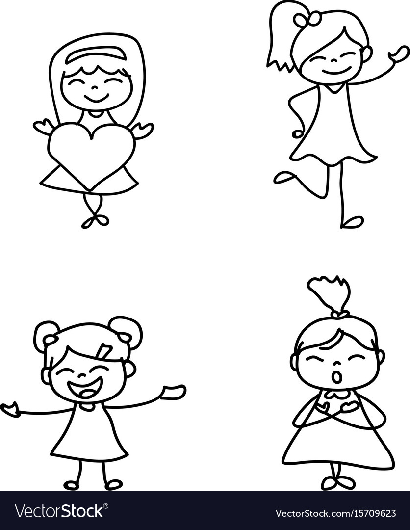 Set of hand drawing cute girls line art