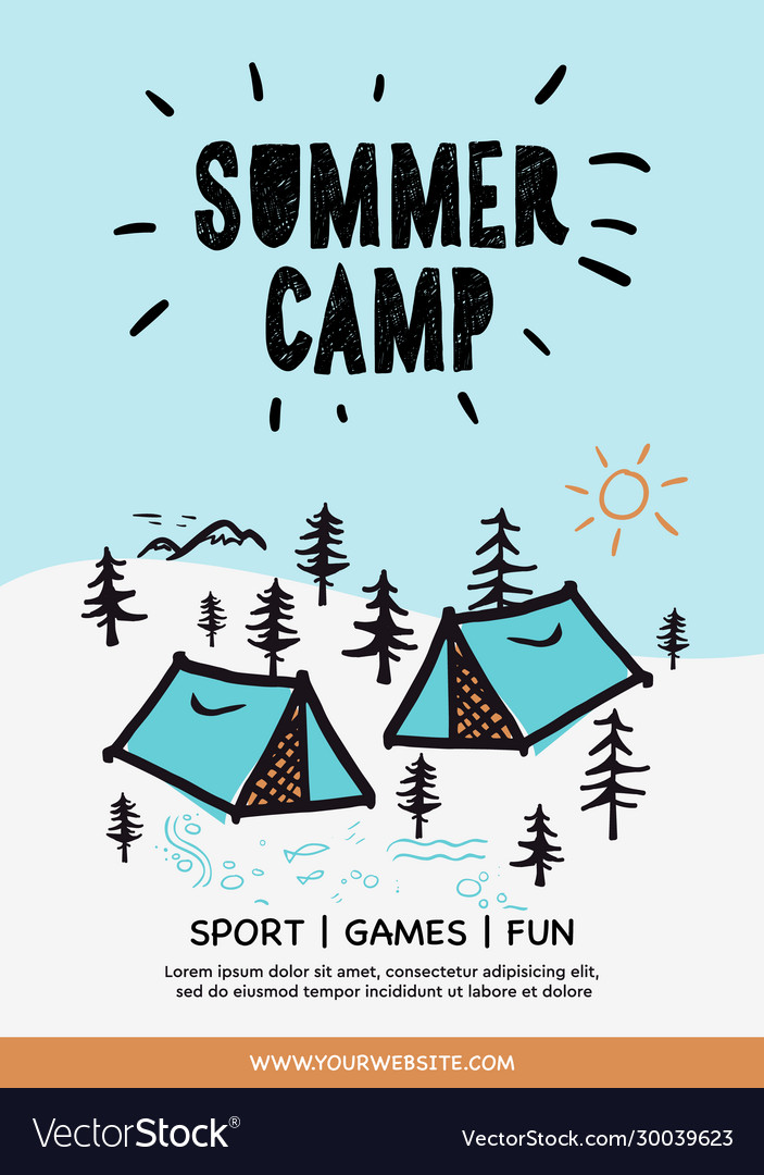 Summer camp poster tent campfire pine forest Vector Image