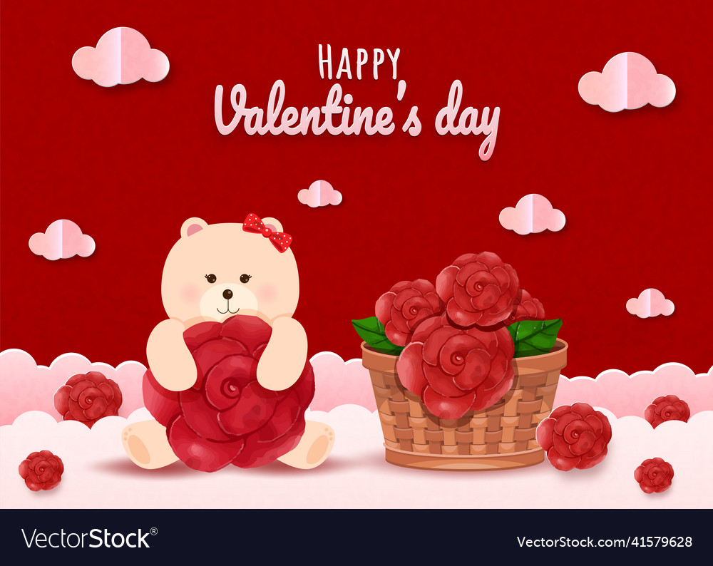 Bear in a basket with red roses