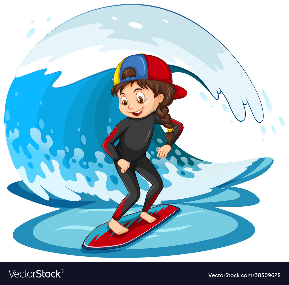 Girl standing on a surfboard with water wave Vector Image