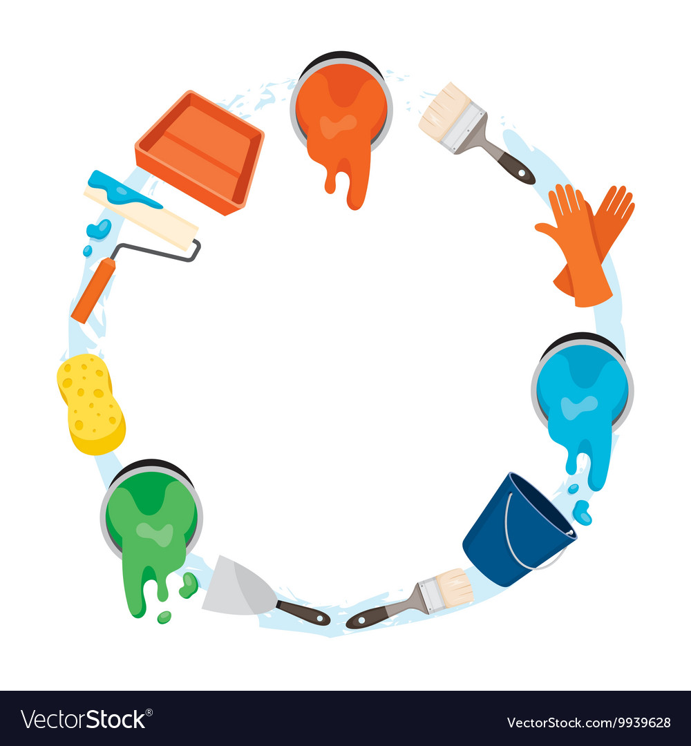Painter tools objects icons set on circle frame