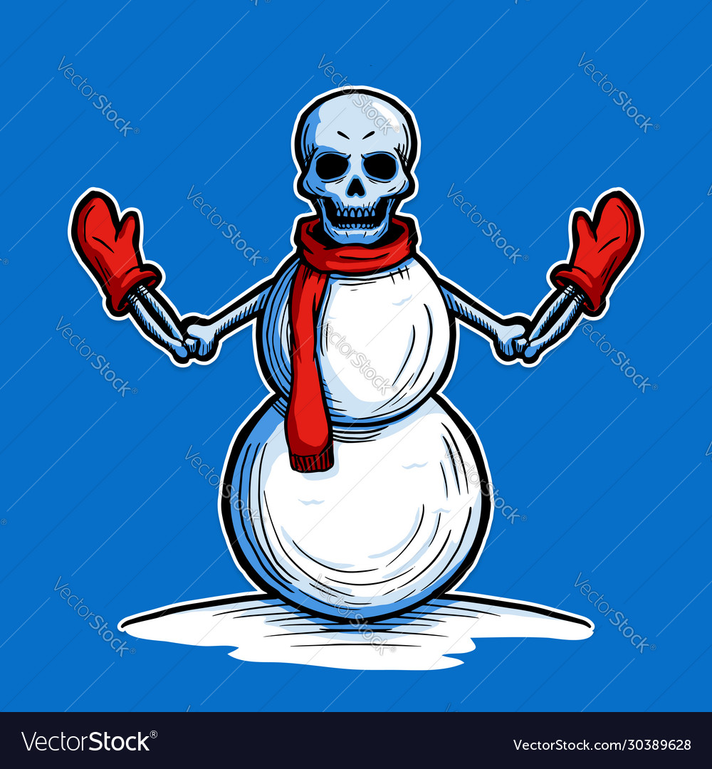 Skull head snowman with bone twigs wearing scarf