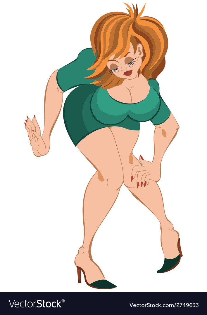 Cartoon girl in short dress and red hair touching