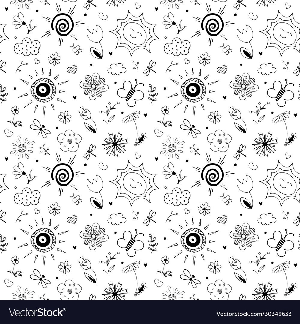 Spring doodle style pattern seamless Vector Image Spring doodle style pattern seamless
