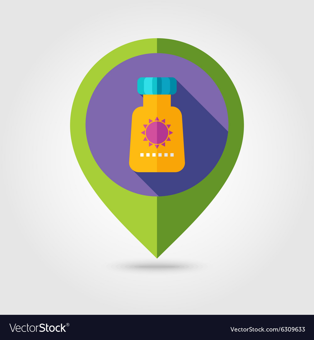 Sunscreen flat mapping pin icon with long shadow