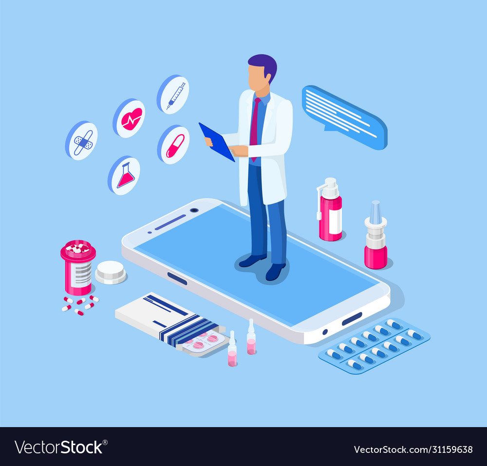 Online medikamentös isometrische vector image Online medikamentös isometrische
