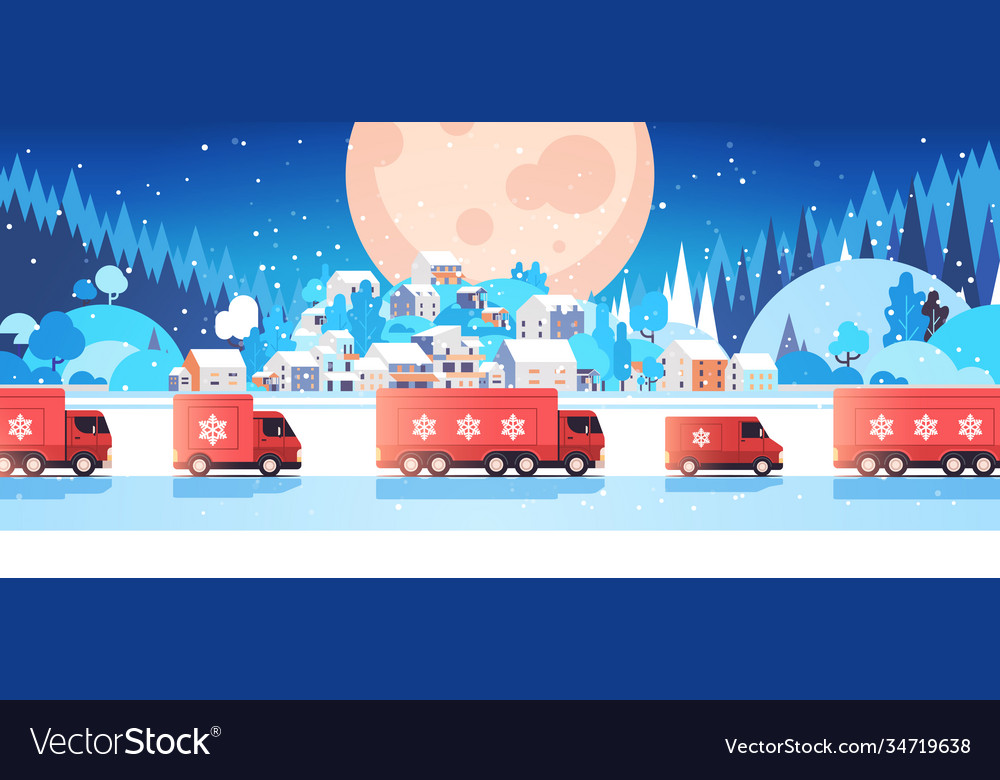 Red trucks delivering gifts merry christmas happy Vector Image