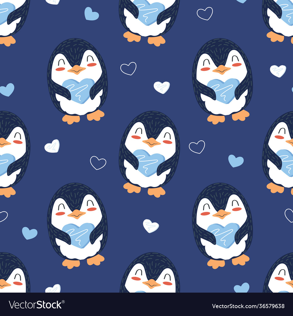 Seamless pattern with penguin and heart vector image Seamless pattern with penguin and heart