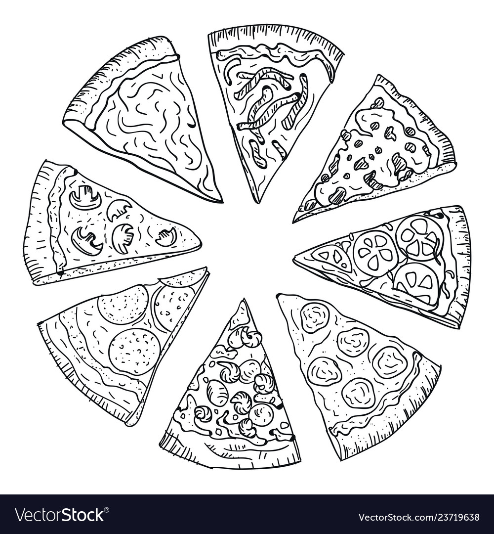 Sliced hot pizza hand drawing in doodle style