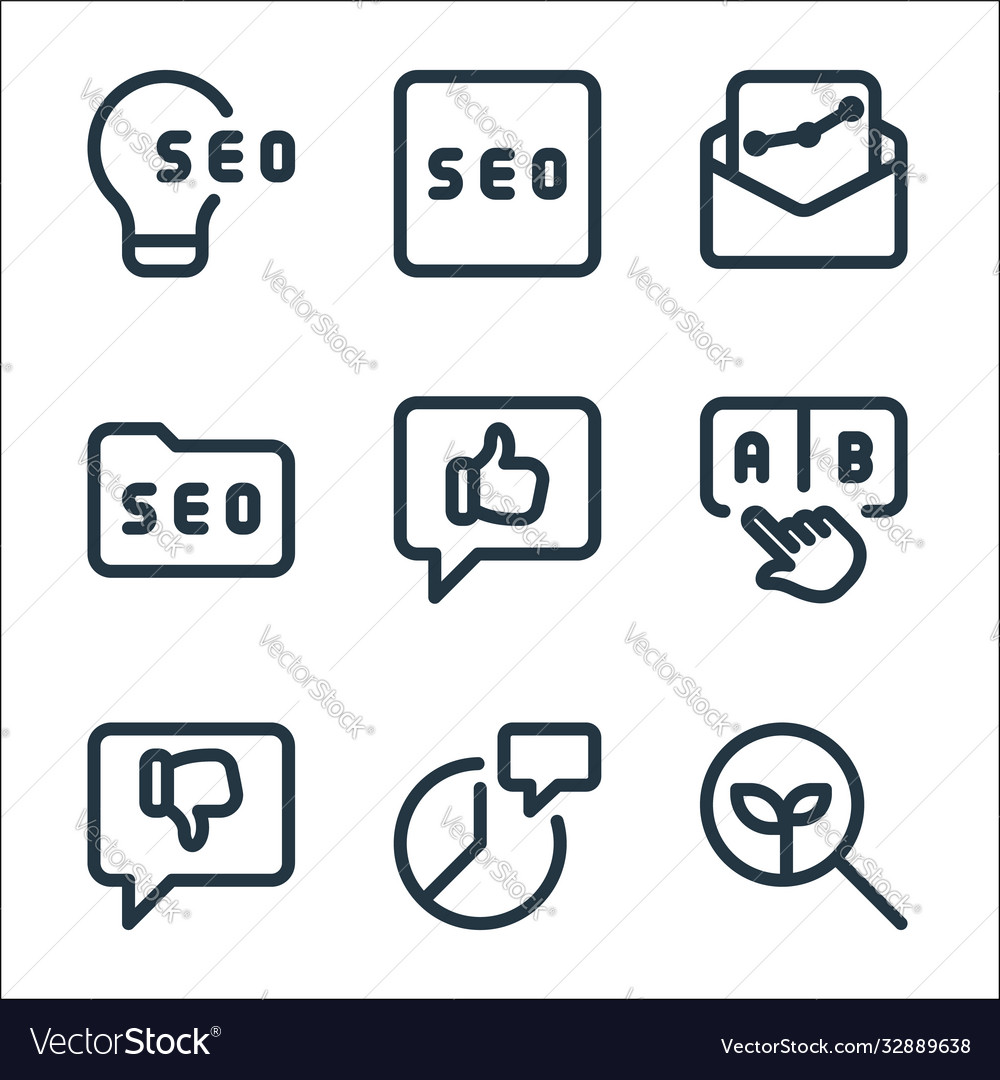 Web apps seo line icons linear set quality vector image Web apps seo line icons linear set quality
