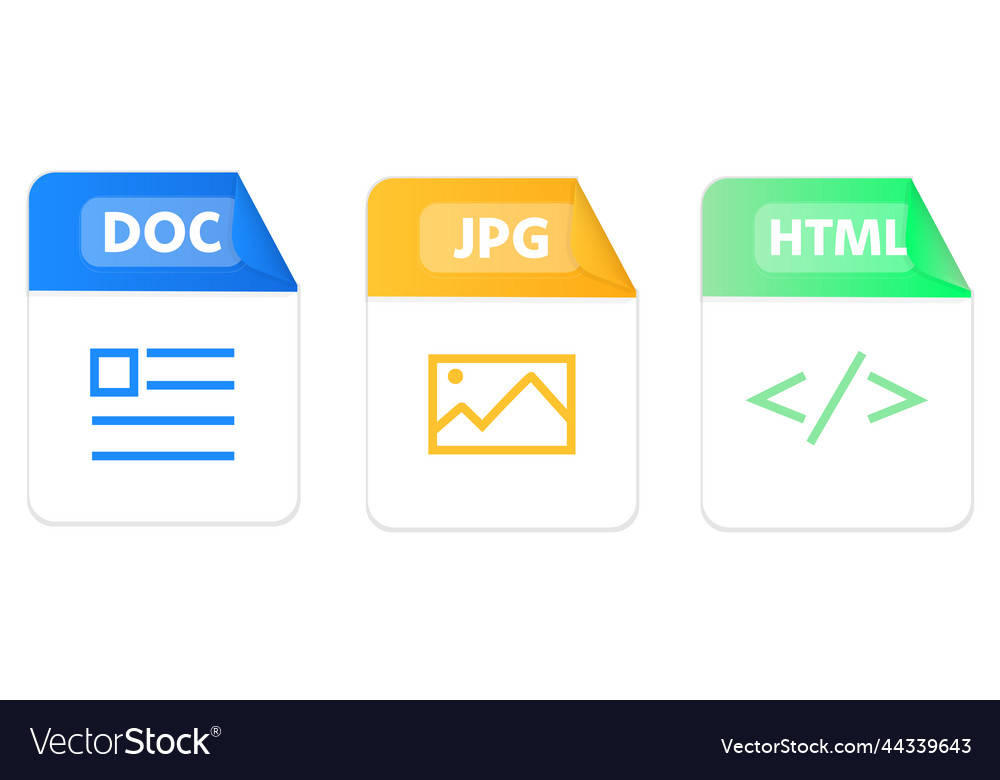 File type icons set of doc jpg html collection vector image File type icons set of doc jpg html collection