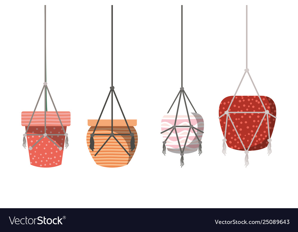 Flower pots in macrame hangers icon