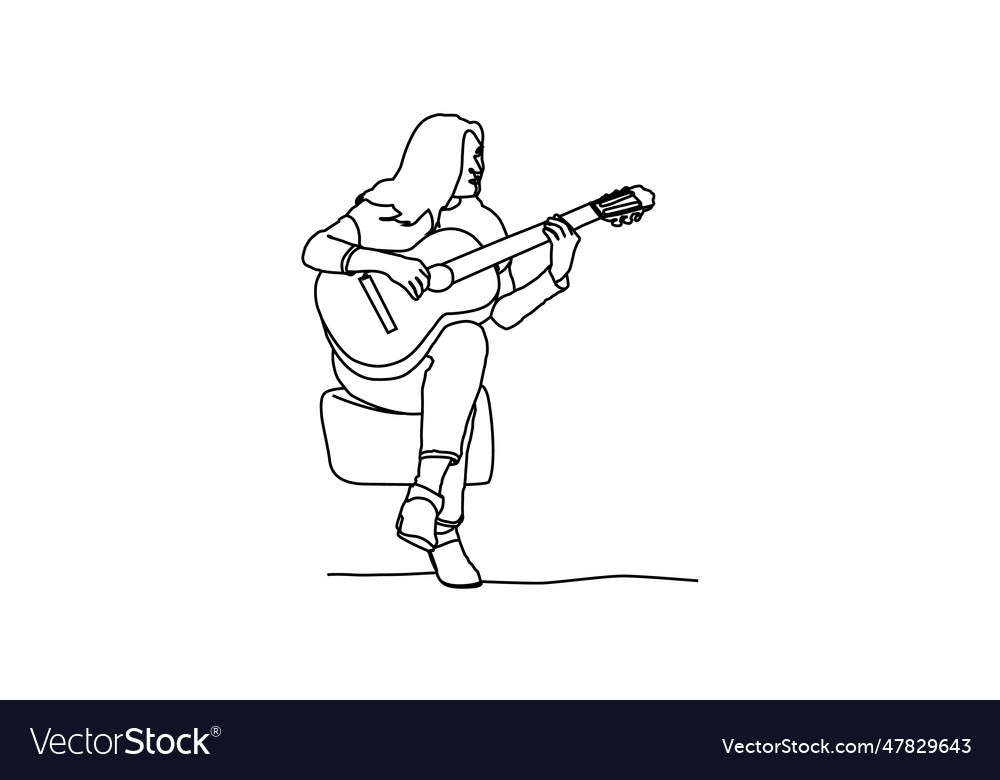 Hand drawn line art drawing of a female playing