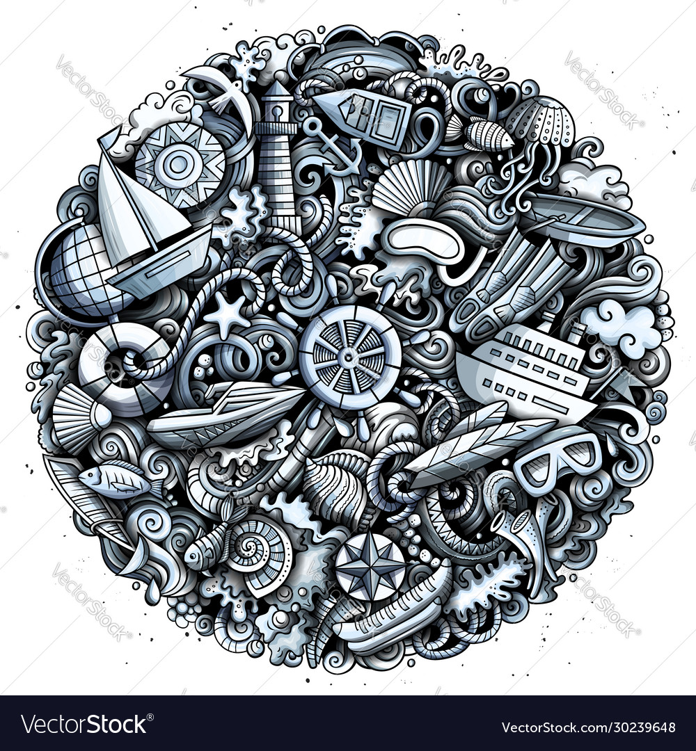 Marine hand drawn doodles Royalty Free Vector Image