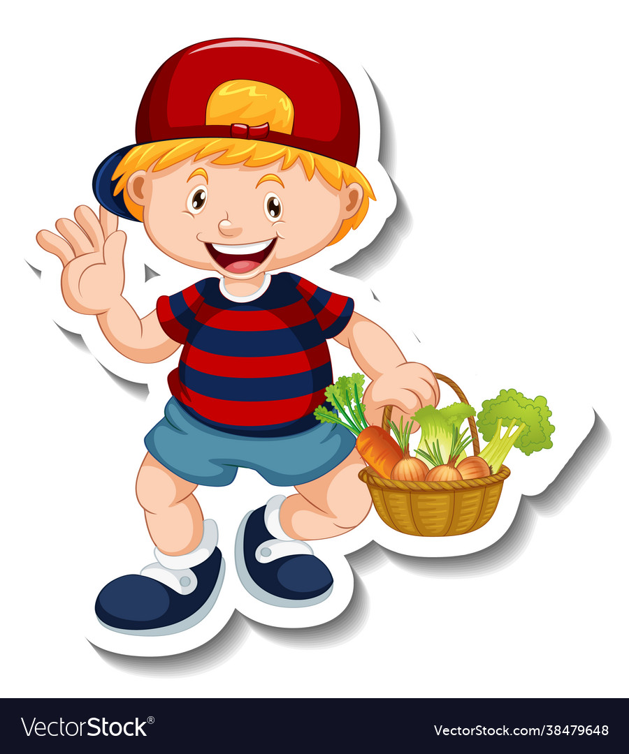 Sticker template with a boy holding vegetable