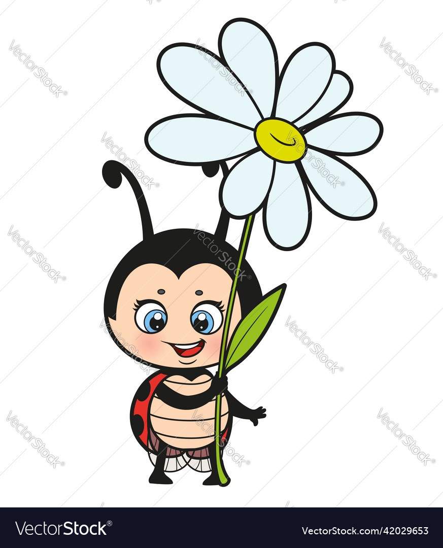 Coquettish cartoon cute ladybug with flower