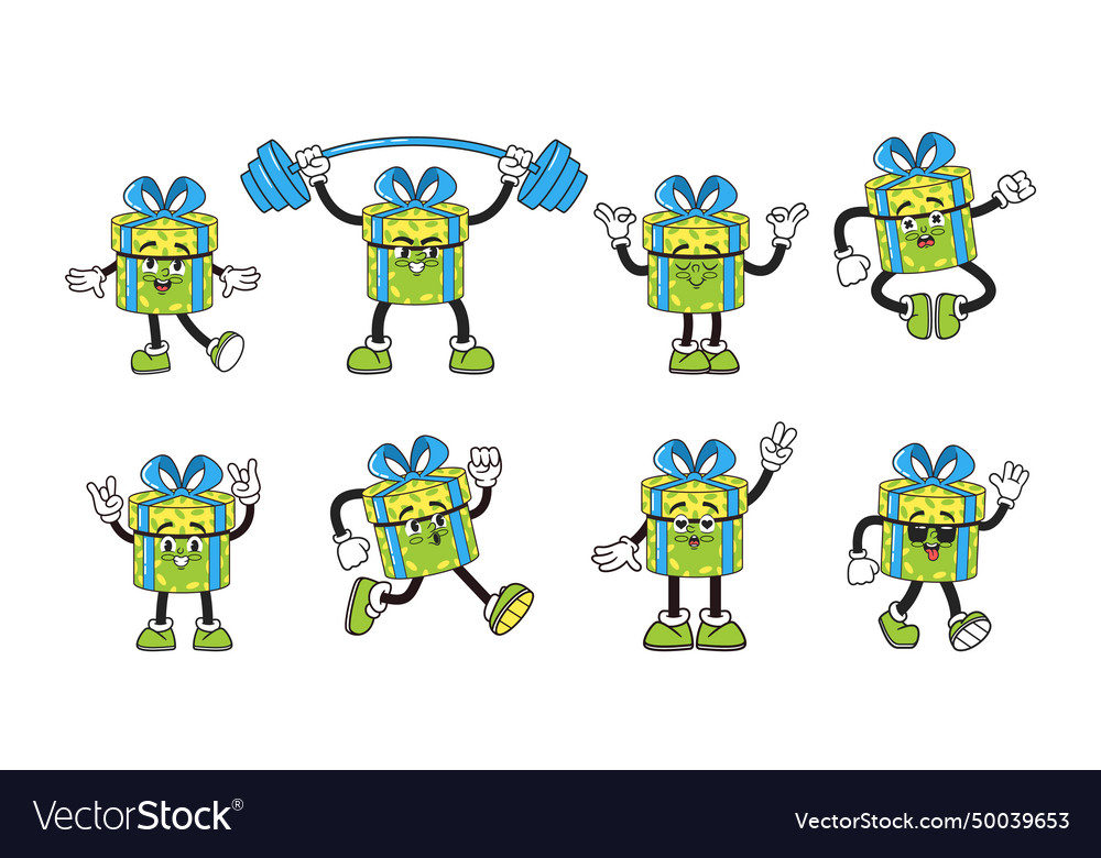 Groovy gift box characters radiate vibrant colors Vector Image