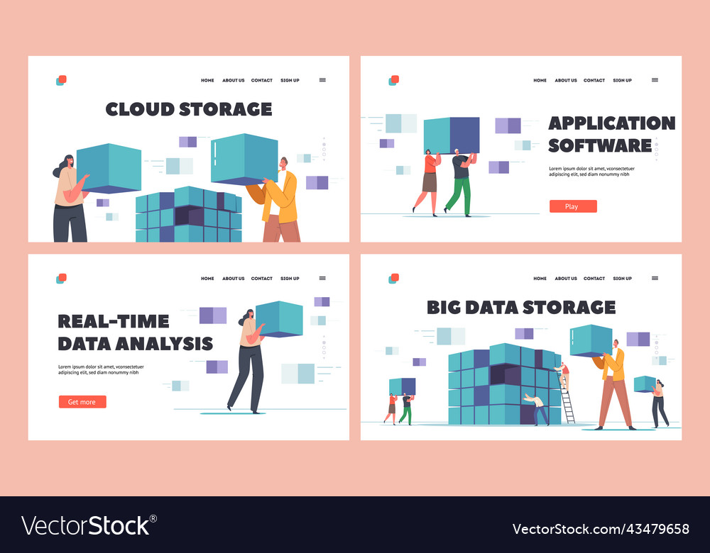 Big data storage landing page template set tiny vector image Big data storage landing page template set tiny