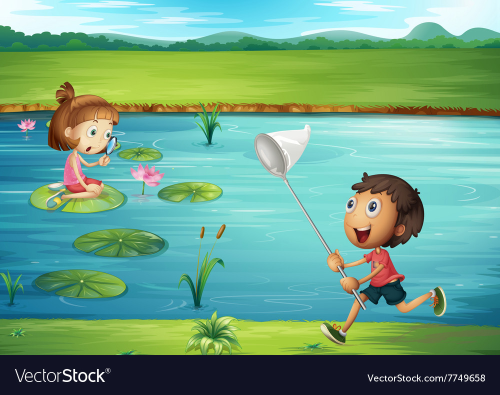 Boy and girl playing by the pond Royalty Free Vector Image