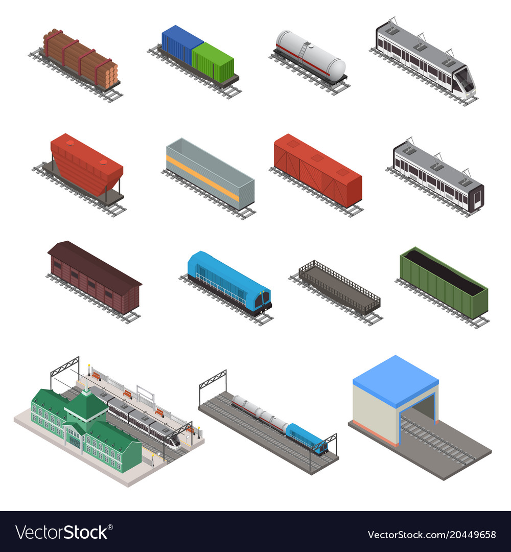 Different types train 3d icons set isometric view
