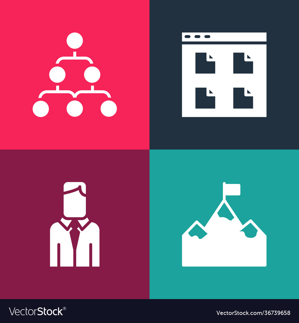 Set pop art mountains with flag worker browser vector image Set pop art mountains with flag worker browser