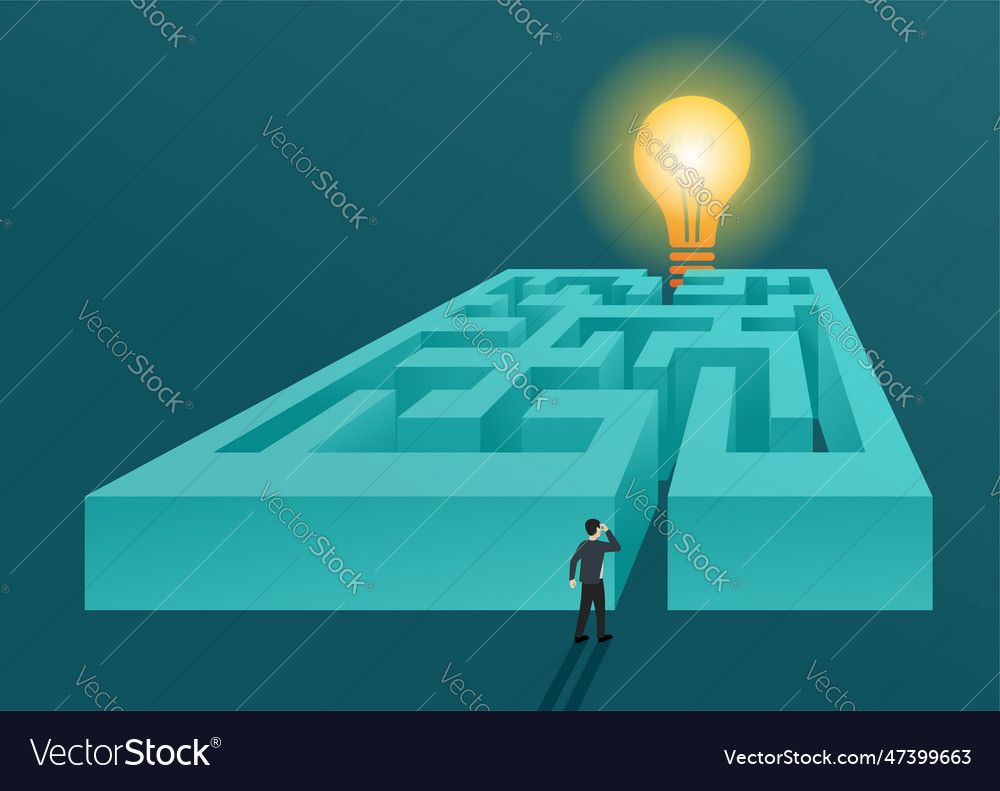 Confused man in labyrinth and lamp as solution vector image Confused man in labyrinth and lamp as solution