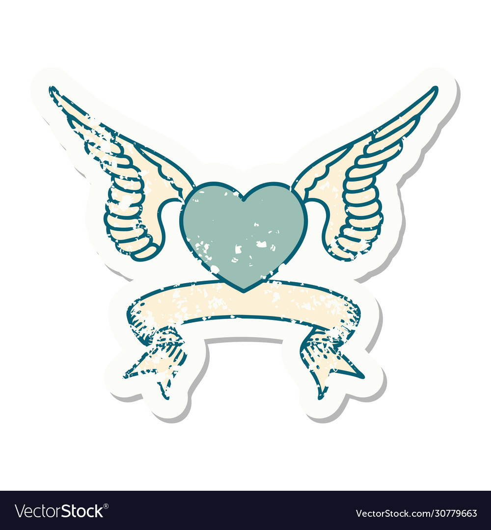 Grunge sticker with banner a heart wings