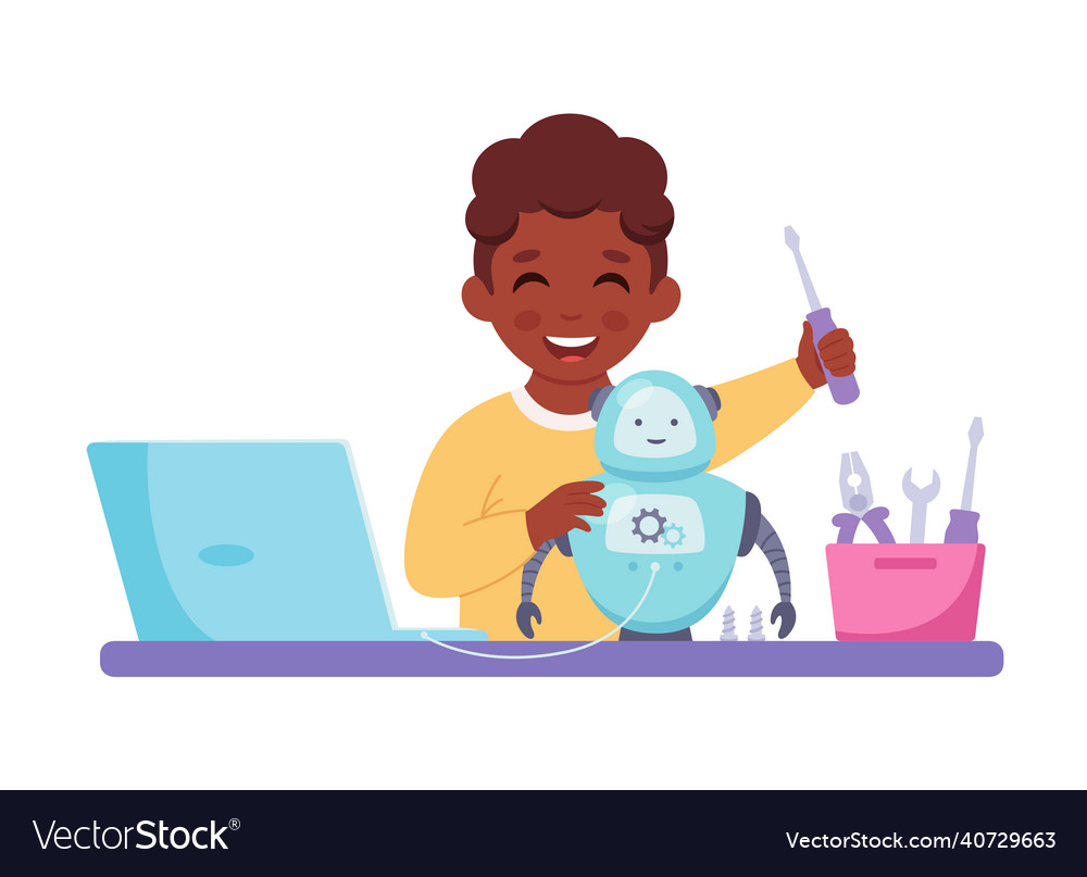 Little black boy creating a robot robotics Vector Image Little black boy creating a robot robotics