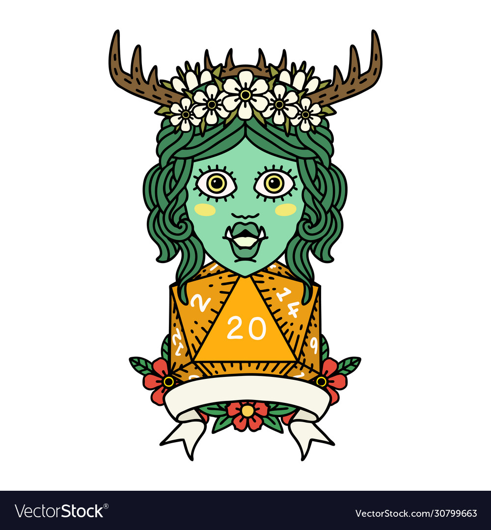 Orc druid character with natural twenty dice roll