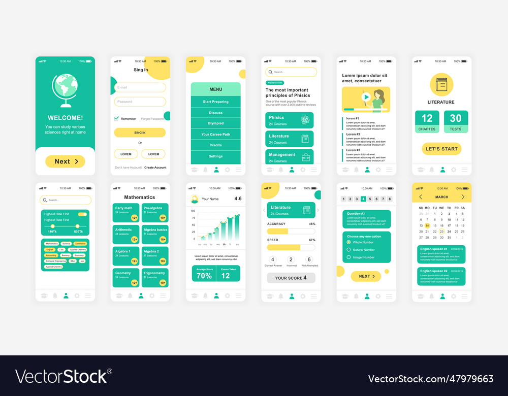 Set of ui ux gui screens education app flat Vector Image