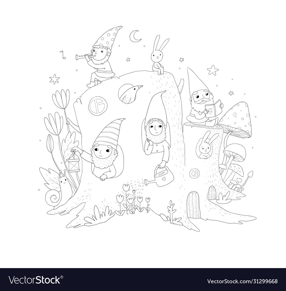 Cute cartoon gnomes in a stump house magic forest Vector Image