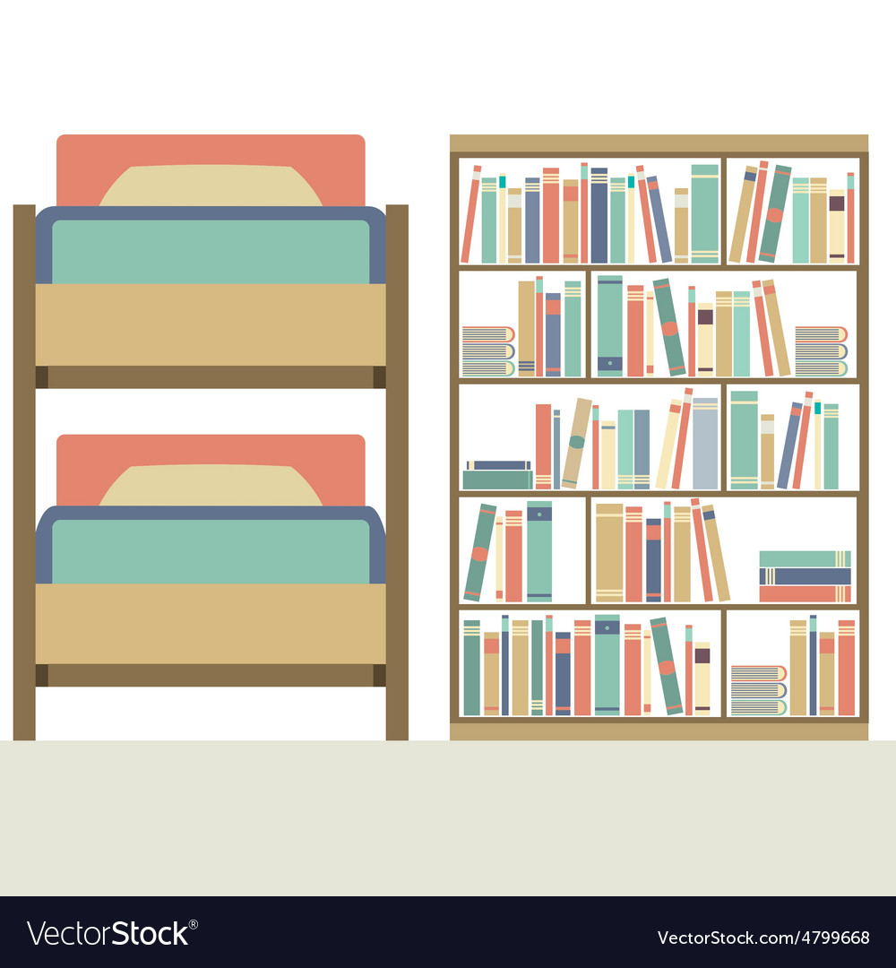 Flat design bunk bed with big bookcase