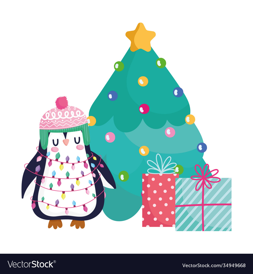 Merry christmas penguin with tree and gifts