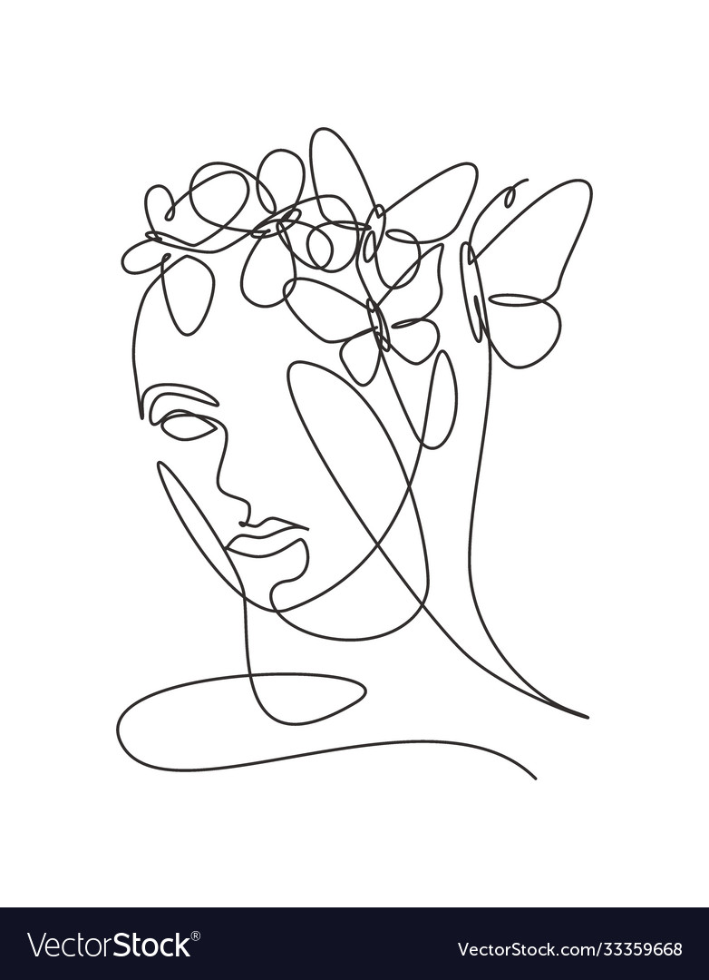 One Single Line Drawing Woman With Butterfly Vector Image