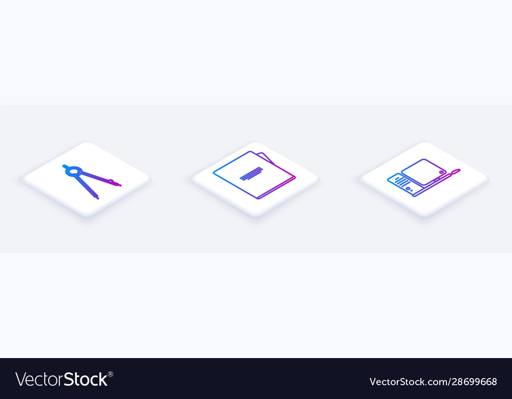 Set isometric line drawing compass notebook