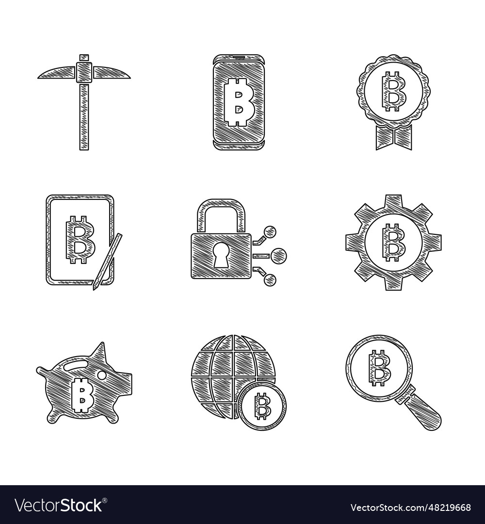 Set lock with bitcoin globe magnifying Vector Image Set lock with bitcoin globe magnifying