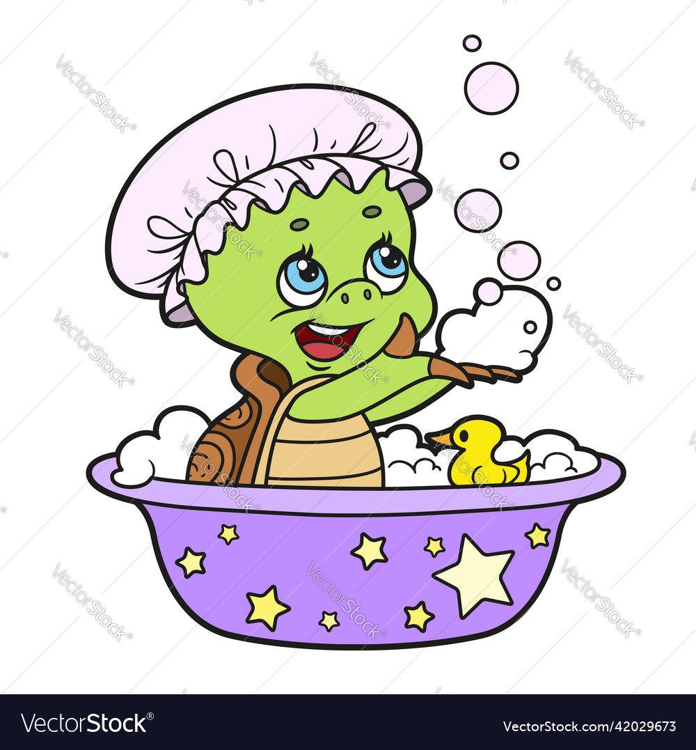 Cute little turtle takes a bath and plays Vector Image