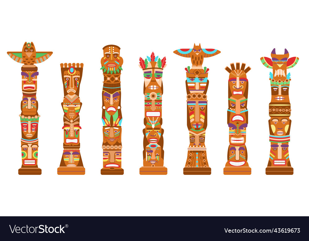 Mask Totem Poles Hawaii Tiki Totems Ancient Vector Image