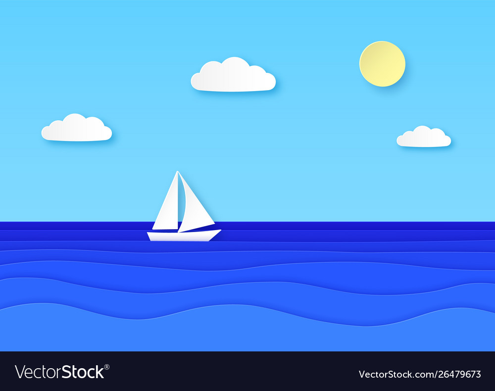 Paper boat floating sea cloudy sky with sun Vector Image