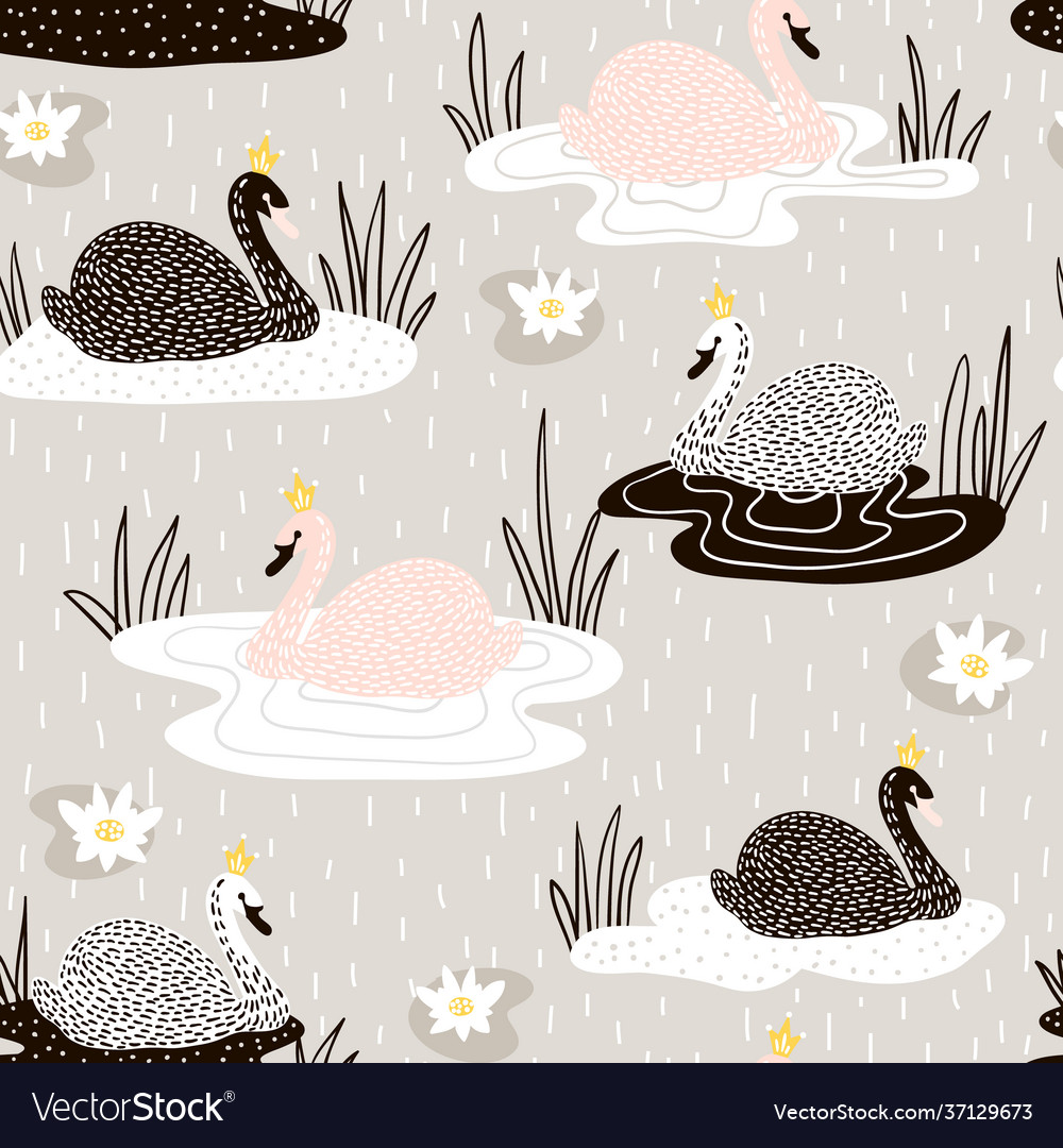 Seamless childish pattern with swan princess