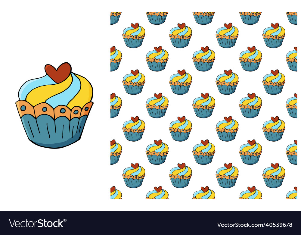 Cupcake muffin set of element and seamless pattern vector image Cupcake muffin set of element and seamless pattern