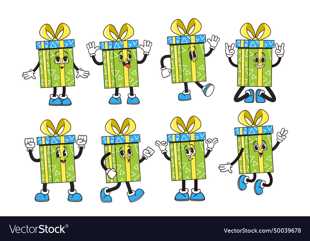 Retro groovy present box emoji cartoon character Vector Image