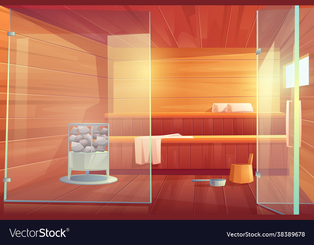 Sauna empty room with glass doors wooden bathhouse