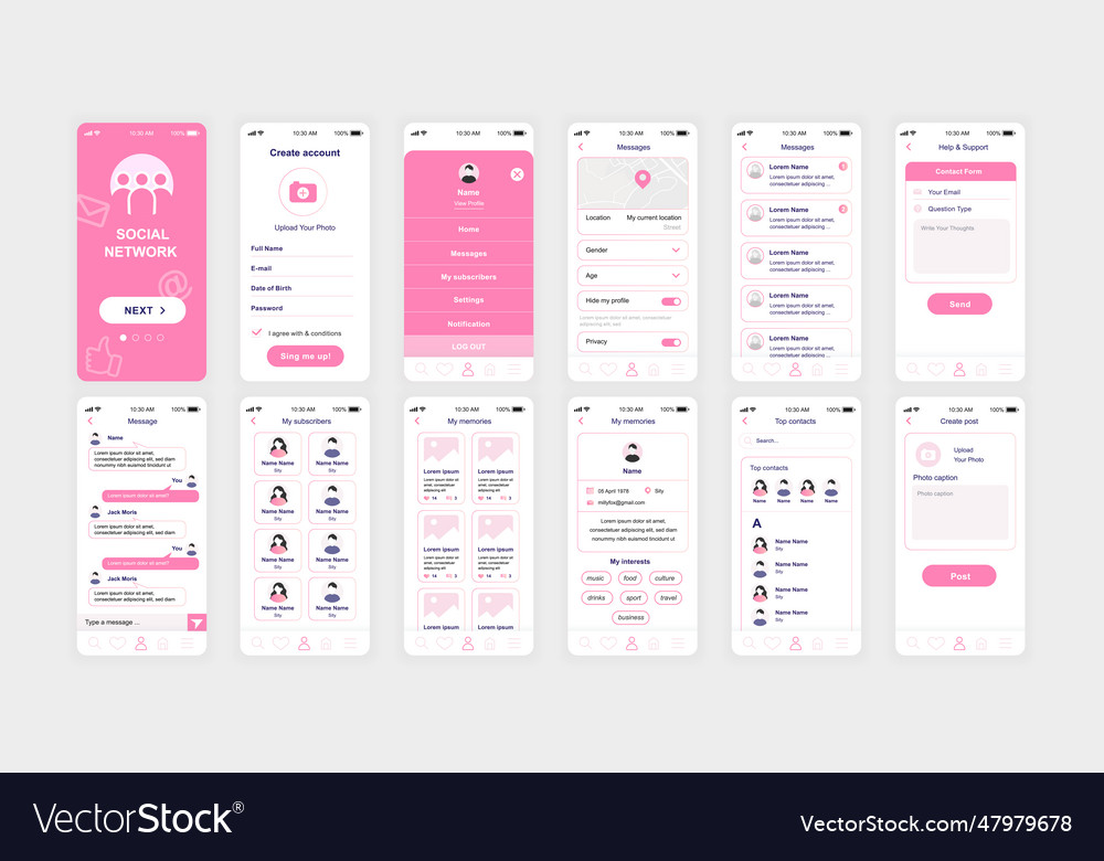 Set of ui ux gui screens social network app flat