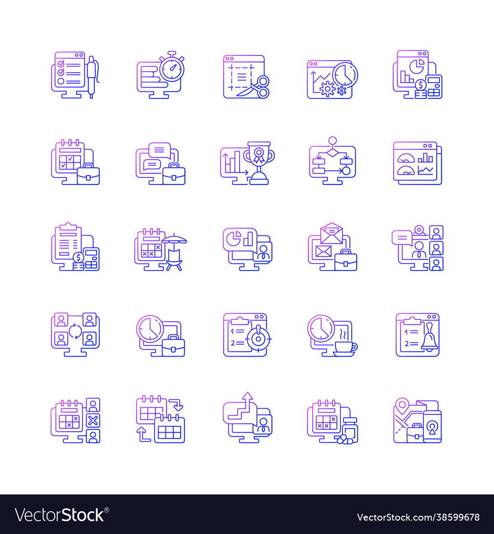 Work monitoring gradient linear icons set vector image Work monitoring gradient linear icons set
