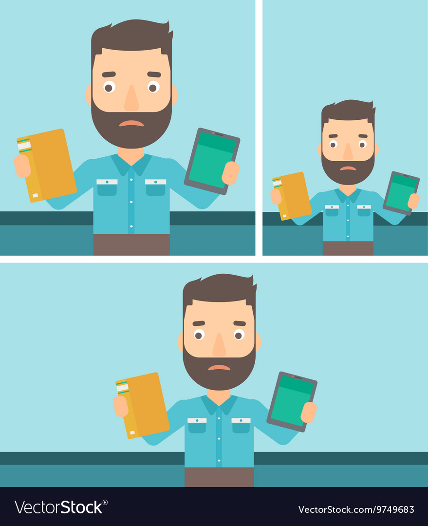 Man choosing between book and tablet computer