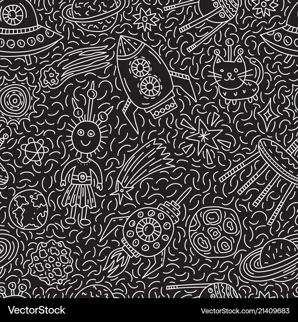 Seamless pattern with funny cartoon space elements