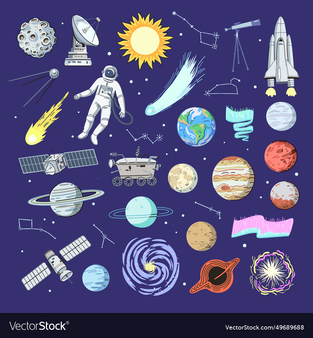 Big set of space elements planets rocket